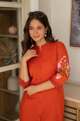 Orange Rust Embroidered Cotton Kurta and Pant Set